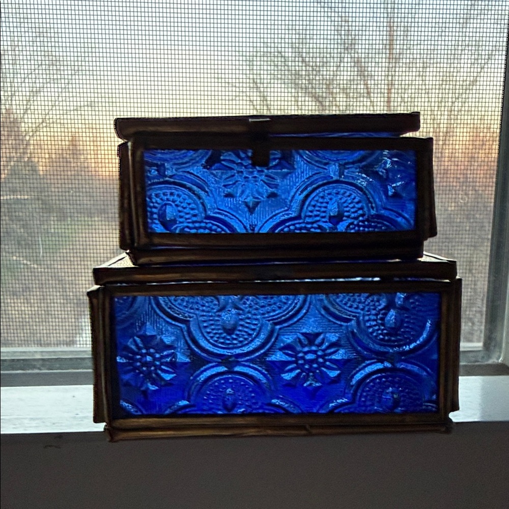 Pair of Cobalt Blue patterned Glass and metal boxes with himges